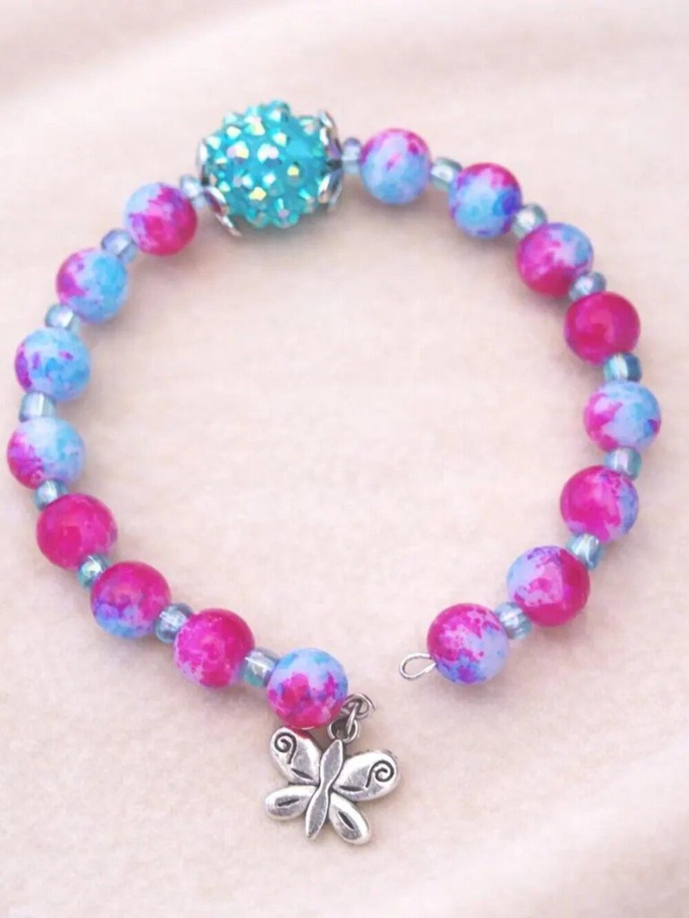 Handmade Pink & Blue Beaded Bracelet with Butterfly Charm